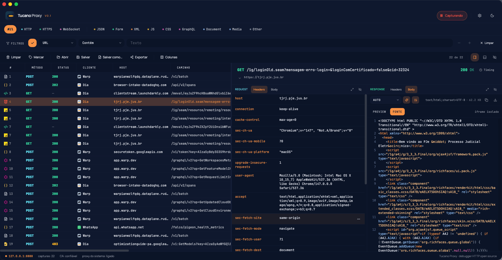 Tucano Proxy – Lista de fluxos