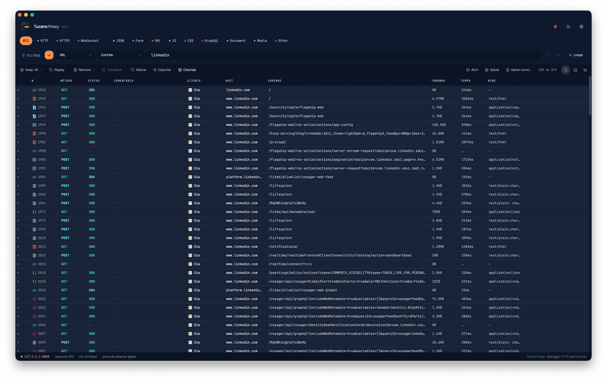 Tucano Proxy – Lista de fluxos
